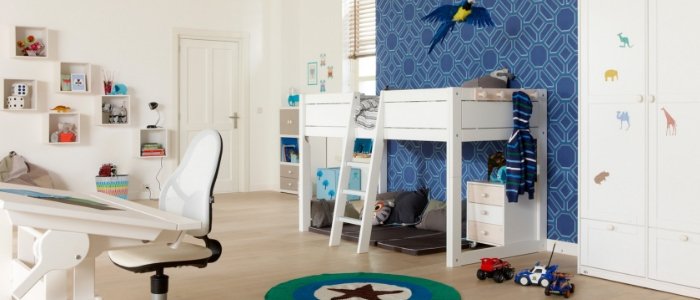 kids bedroom with bunk bed and study space